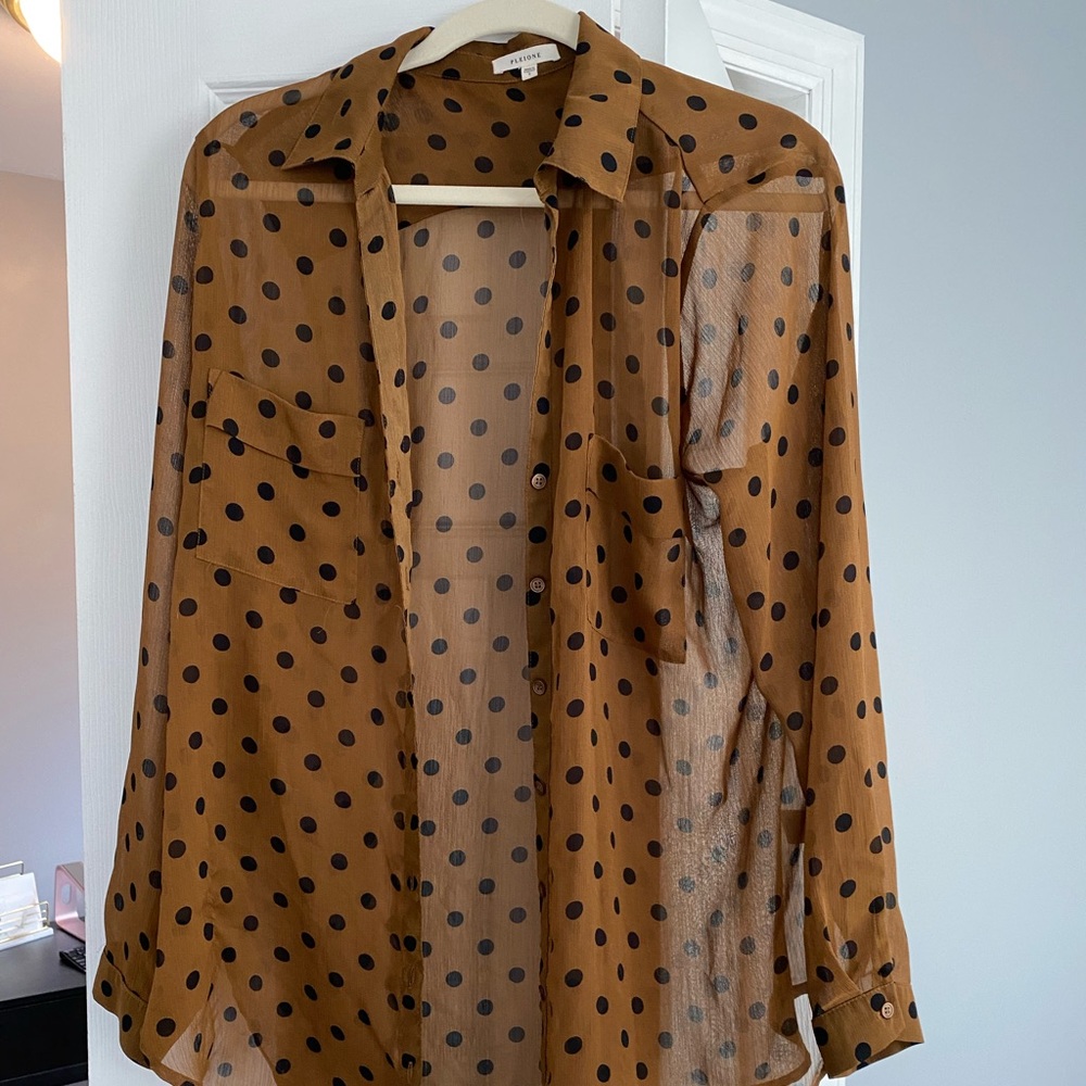 Pleione blouse.  Sheer Tan/Brown with polka dots